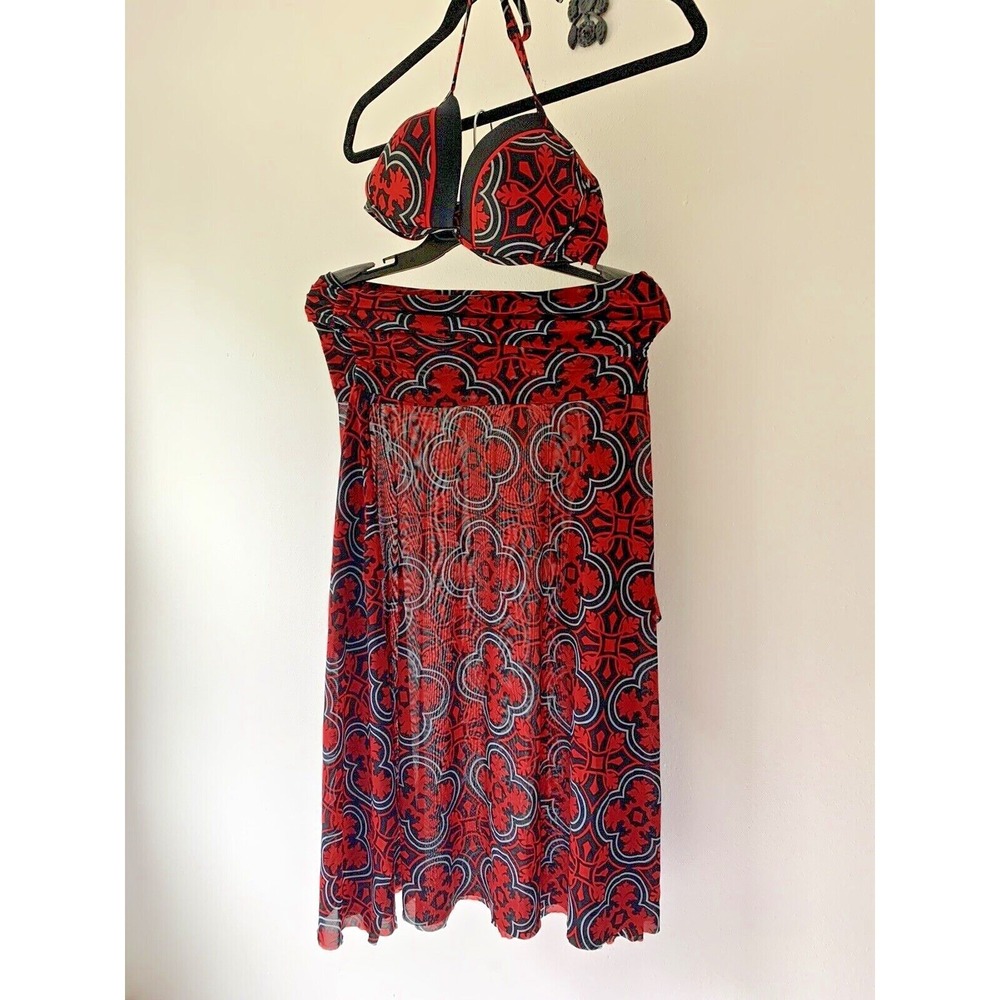 Black/red geometric pushup bikini‎ top & coverup dress/skirt swim suit Size M